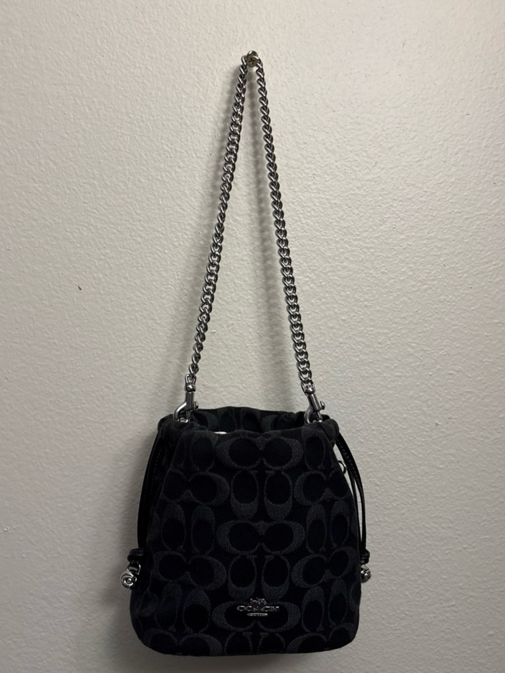 Coach Black Signature Drawstring Shoulder Pouch with Chain Strap